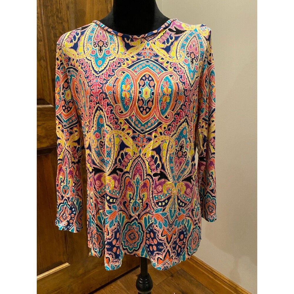Essentials Multicolor Paisley Crewneck Blouse — Yellow, Pink, Teal, Navy